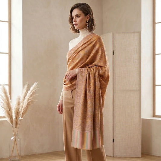 A woman stands in a softly lit indoor room wearing a draped camel-brown shawl over a white mock-neck top and tan wide-leg trousers, paired with black pointed heels.