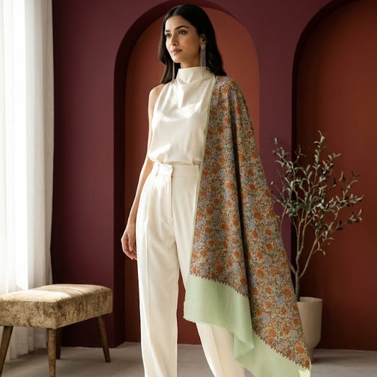 Sage Green Sozni Wool Shawl - Floral Jaal Embroidered Wrap for Occasion Wear