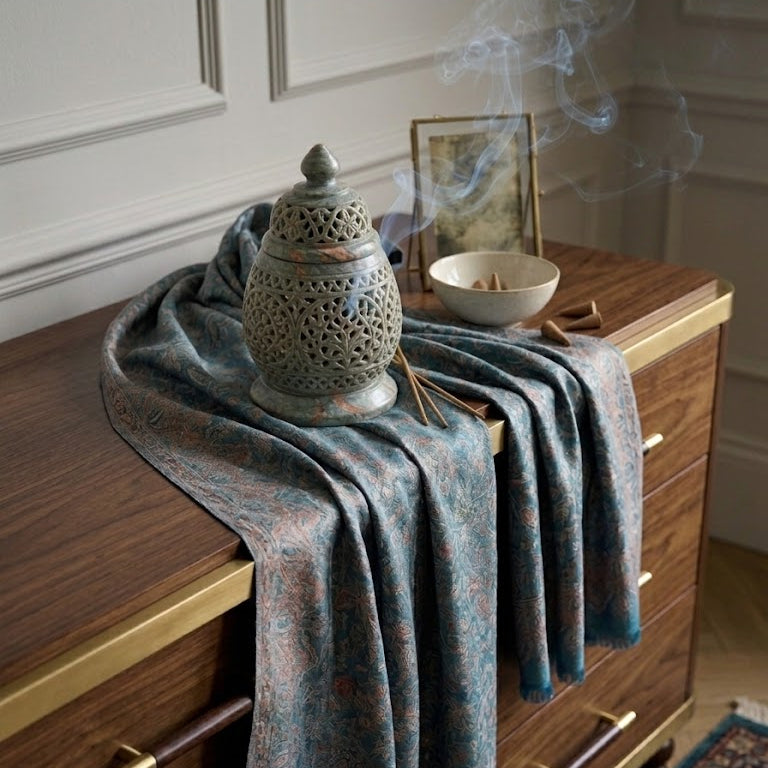 Decorative towel draped over a wooden dresser with a lantern and bowl on top.
