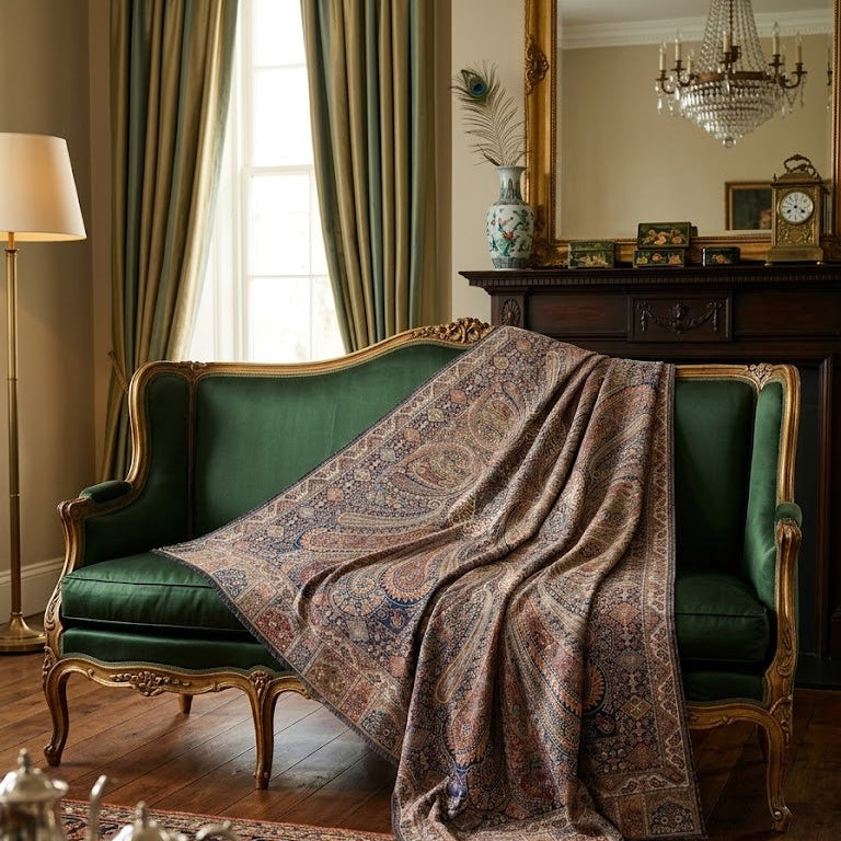 Green sofa with a patterned shawl in a room with a large mirror and chandelier.
