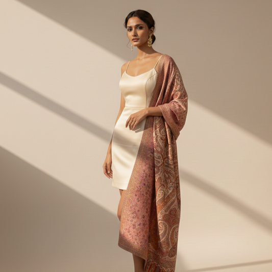 Woman wearing a white dress and patterned shawl against a beige background