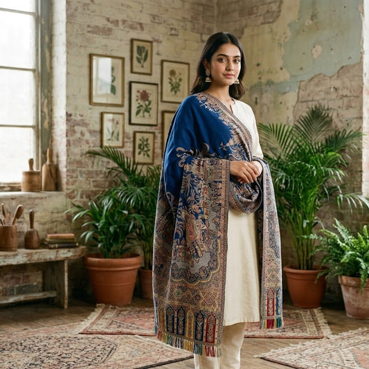 A woman stands in a rustic indoor room with exposed brick walls, large windows, and potted plants, wearing a cream kurta with a draped multicolor patterned shawl featuring blue, beige, and brown tones.