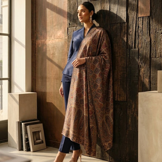 Multi-Jewel Kalamkari Wool Shawl - Paisley Design for Weddings & Gifting