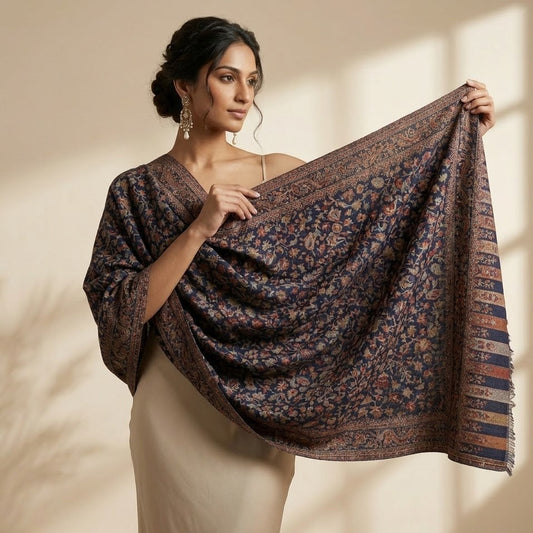 Woman holding a patterned scarf against a neutral background