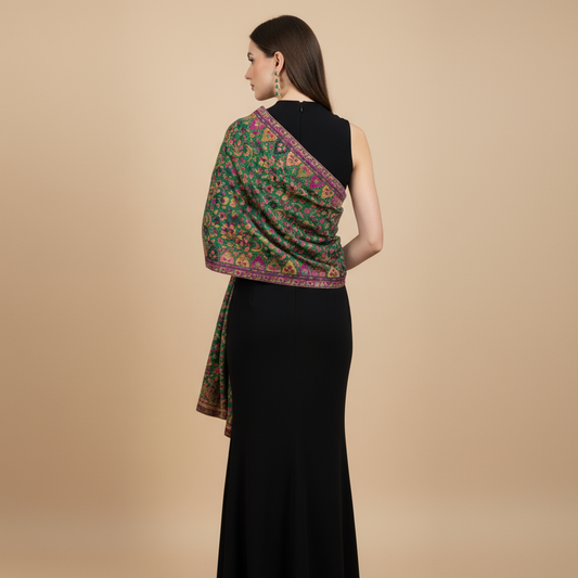 Woman wearing a black dress with a patterned green and purple shawl on a beige background