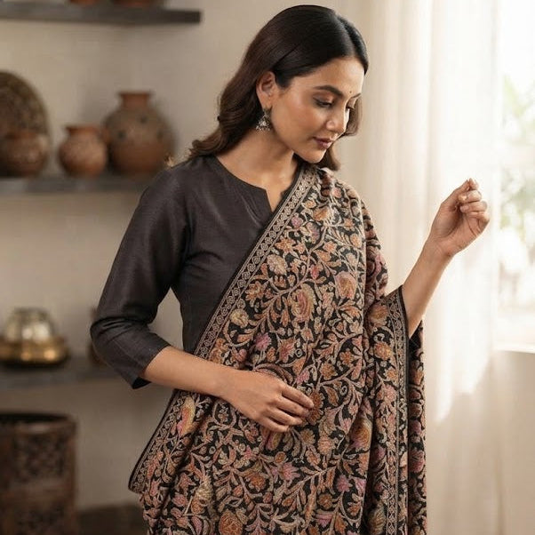 A woman models a black kurta paired with a dark brown shawl featuring intricate floral and paisley patterns in beige, brown, and muted pink, set in a warm, traditional interior.