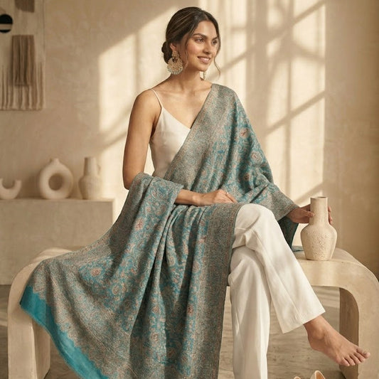 Woman sitting on a chair wearing a light blue and gray shawl in a well-lit room.