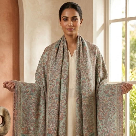 Woman holding a patterned scarf in a bright room with large windows.