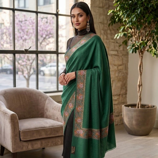 Green Sozni Shawl with Roses Embroidery in Borders