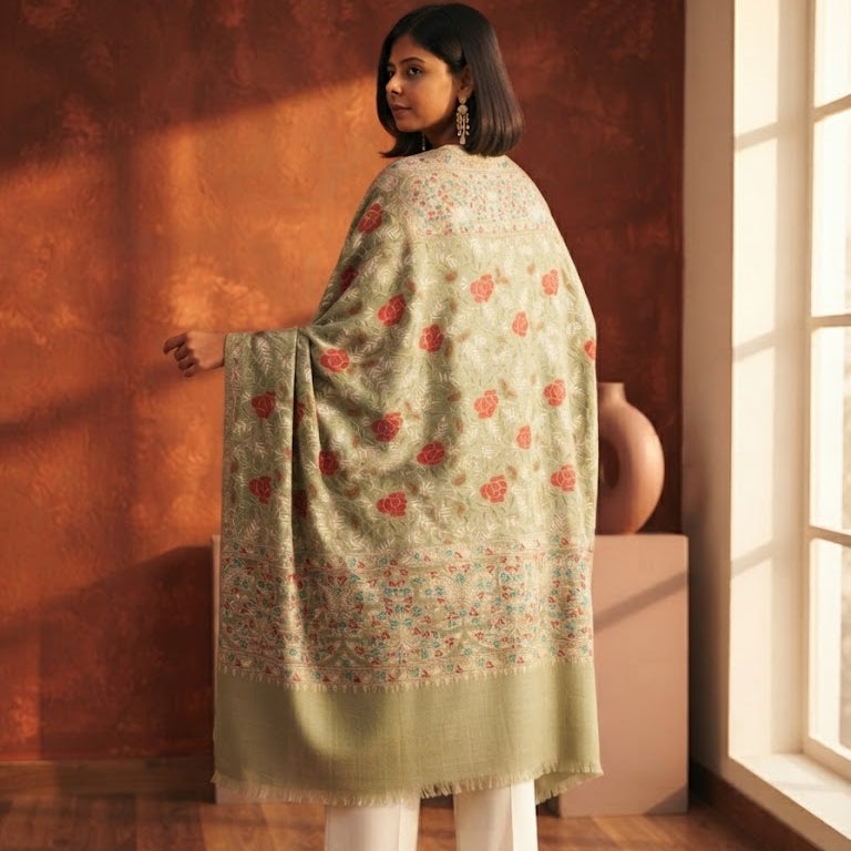 A woman stands in a warmly lit room wearing a light sage green shawl with red floral motifs and a wide patterned border, paired with white pants and beige heels.