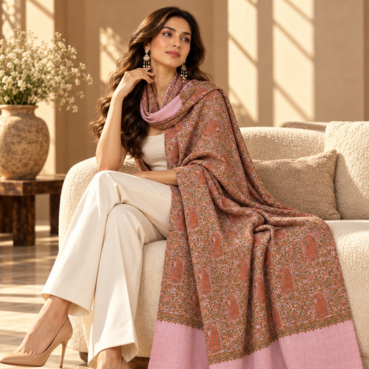 A woman sits on a beige sofa wearing a light pink dupatta draped over her shoulders, paired with white pants and nude heels in a warm, sunlit living room.