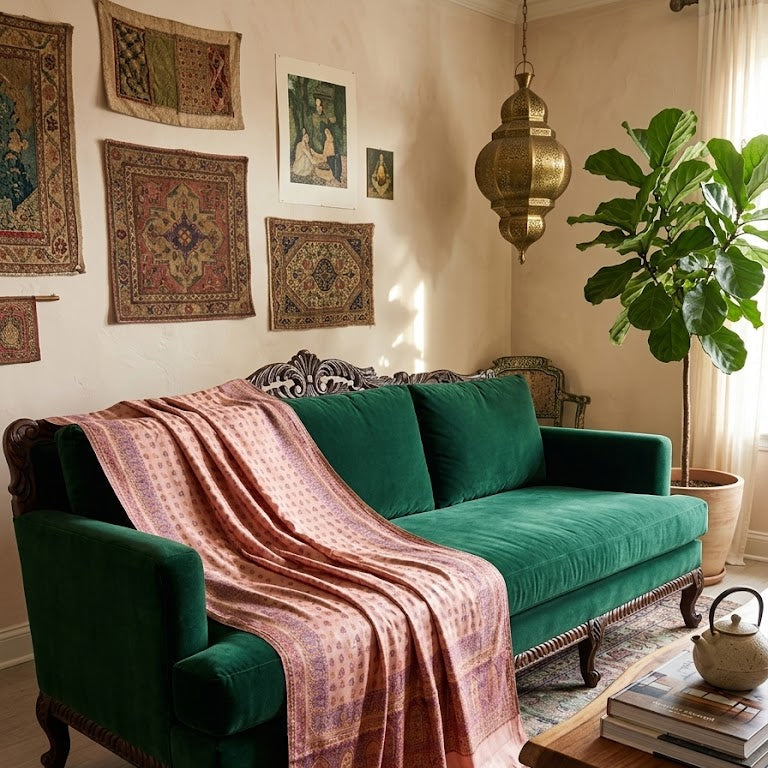 Silk Wool Kani Jamawar Shawl draped on a sofa