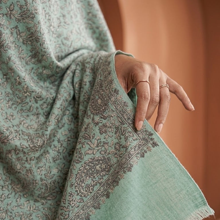 A close-up of a mint green shawl with a brown floral paisley pattern and fringed edges, draped over a person's arm and hand against a warm brown background.