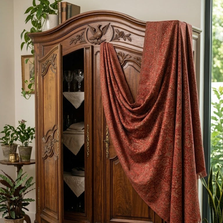 A rust-red damask shawl draped over an ornate carved wooden cabinet in a styled room with plants and a patterned rug.