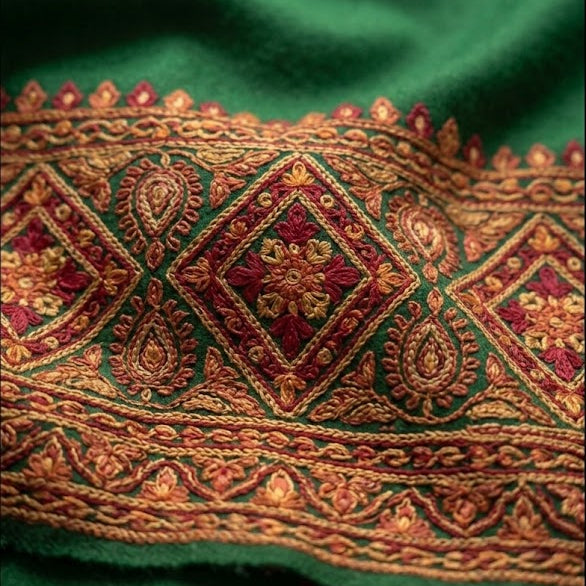 A close-up of a green shawl featuring an intricate, ornate border with gold, red, and green embroidery in a traditional pattern.