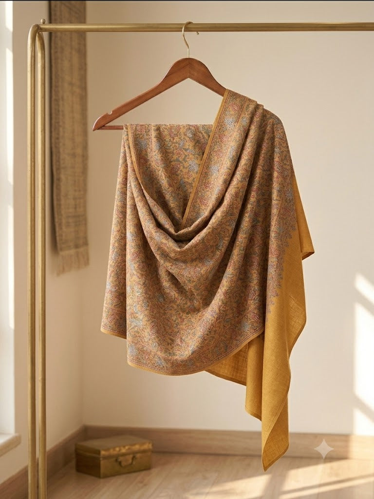 Mustard Yellow Sozni Wool Shawl - Jamawar Rose Embroidered Wrap for Evening Wear
