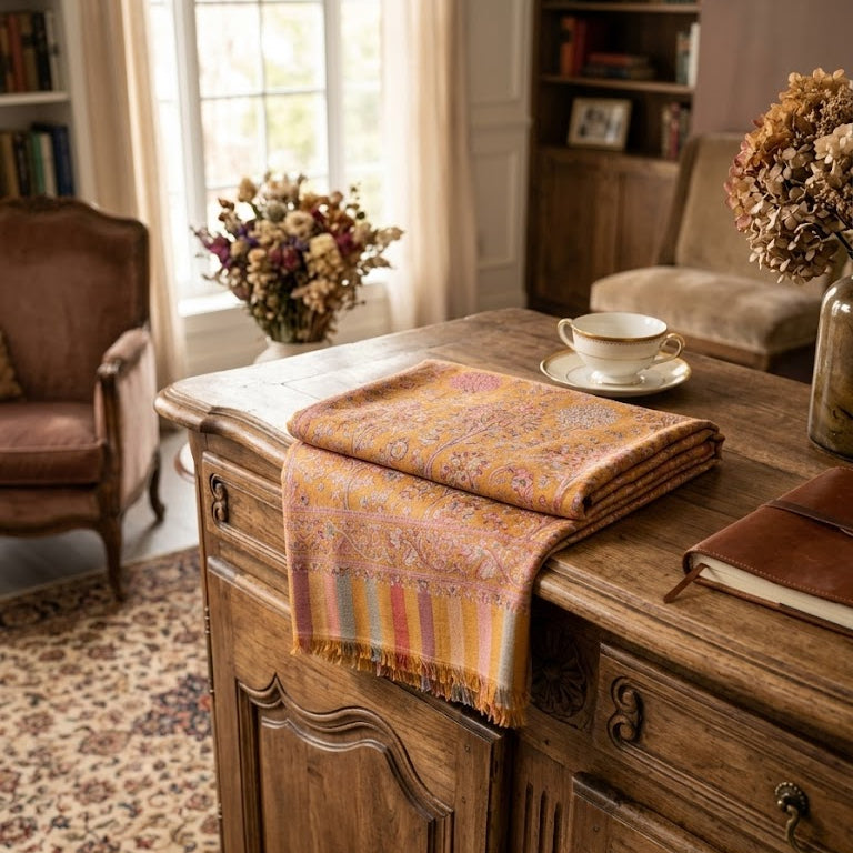 Silk Wool Kani Jamawar Shawl showcased on an armoir