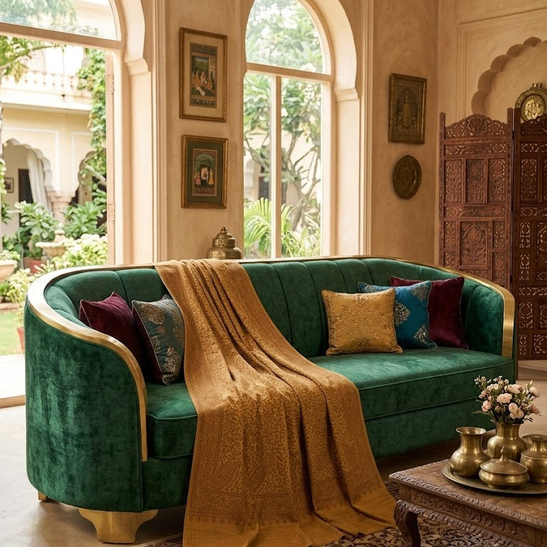 A luxurious emerald green velvet daybed with gold trim, styled with a mustard yellow throw blanket and accent pillows in a warm, traditional Indian-style room with arched windows.