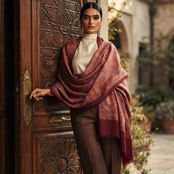 A woman stands in a courtyard beside an ornate carved wooden door, wearing a rust-red patterned shawl draped over a cream turtleneck and brown wide-leg trousers.