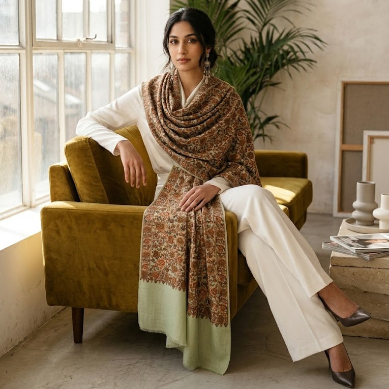 Sozni green shawl in sage green