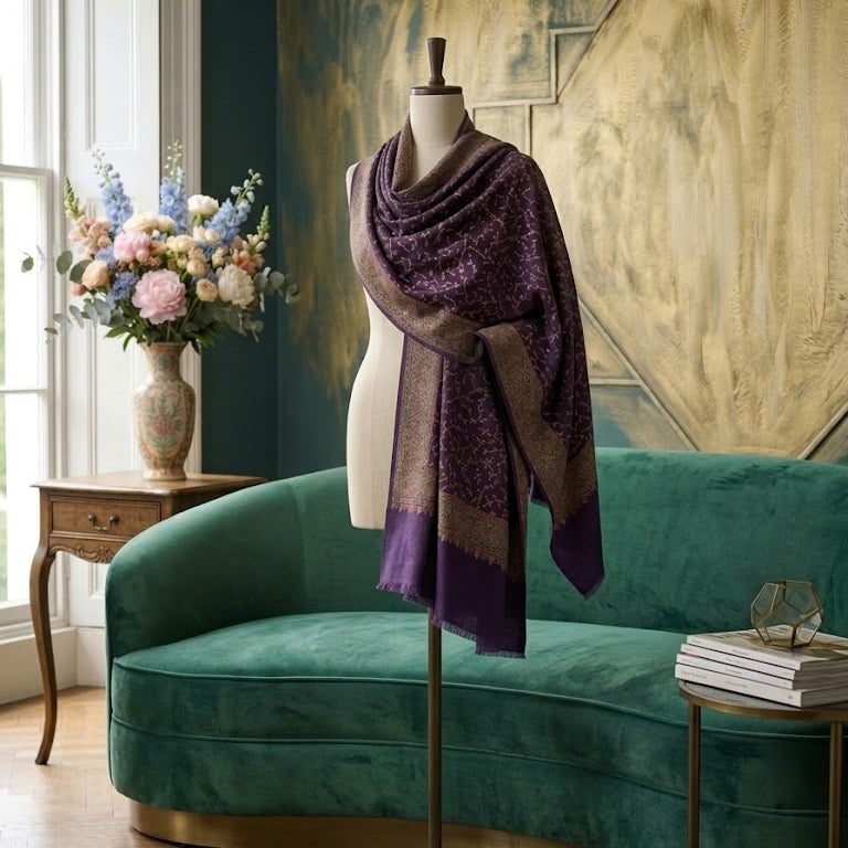 A purple patterned shawl with gold and brown borders is draped on a mannequin torso in a styled living room setting with a green velvet sofa and a textured wall.