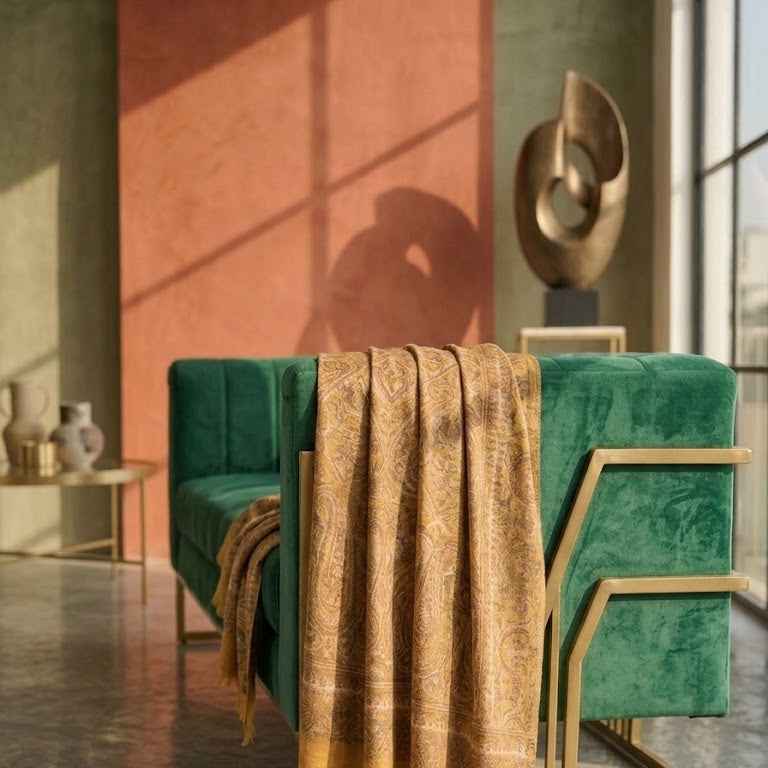 A gold patterned throw blanket with fringe is draped over a green velvet armchair in a modern, sunlit room with textured walls and abstract wall art.