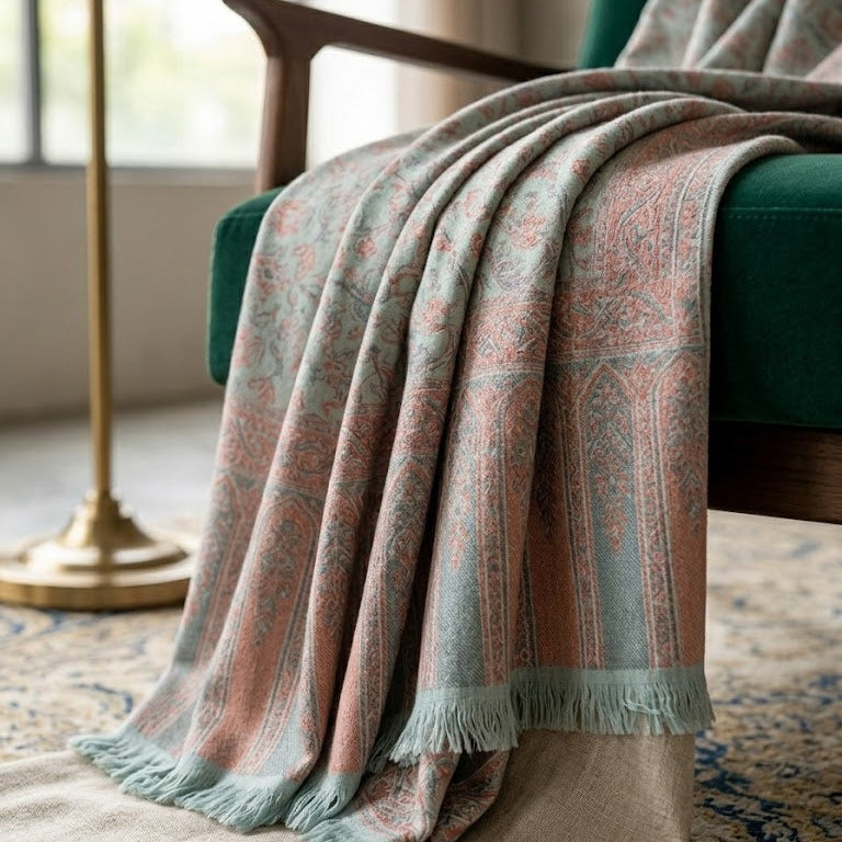 Turquoise Blue Kani Jamawar Shawl - Shimmer Embroidered Wrap for Evening Wear