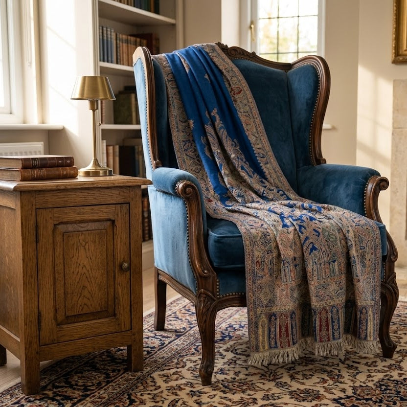 A blue velvet wingback armchair with dark wood arms and legs, styled with a blue and beige patterned throw blanket. It is set in a cozy room next to a wooden side table, with a bookshelf and fireplace in the background.