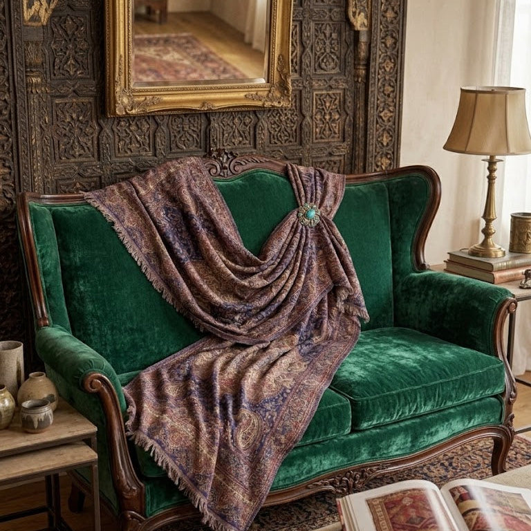 A green velvet loveseat in a richly decorated room, draped with a patterned brown and purple shawl featuring a small turquoise accent.