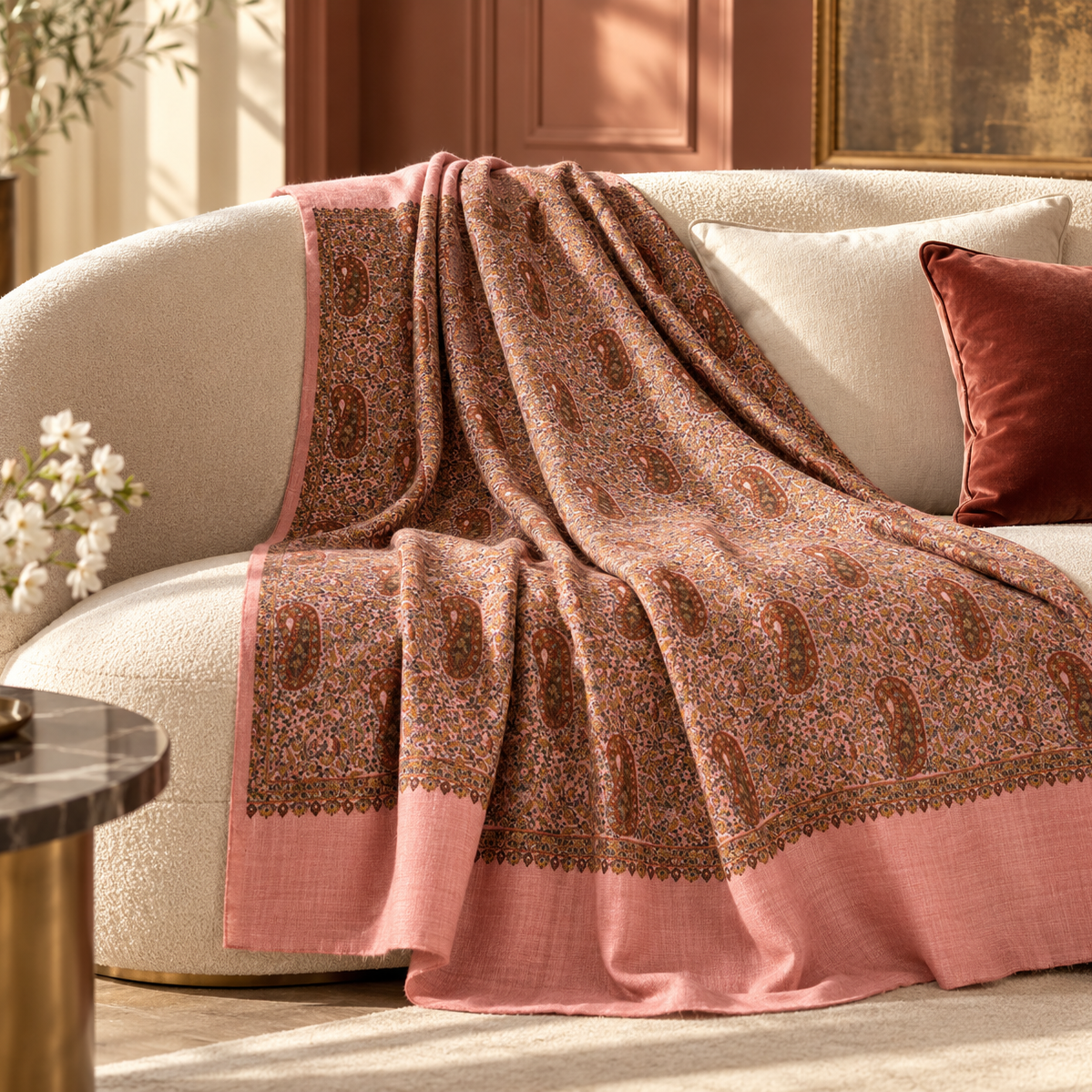 A draped throw blanket with a brown and pink paisley pattern and solid pink borders, styled on a cream-colored sofa in a warm, elegant room.