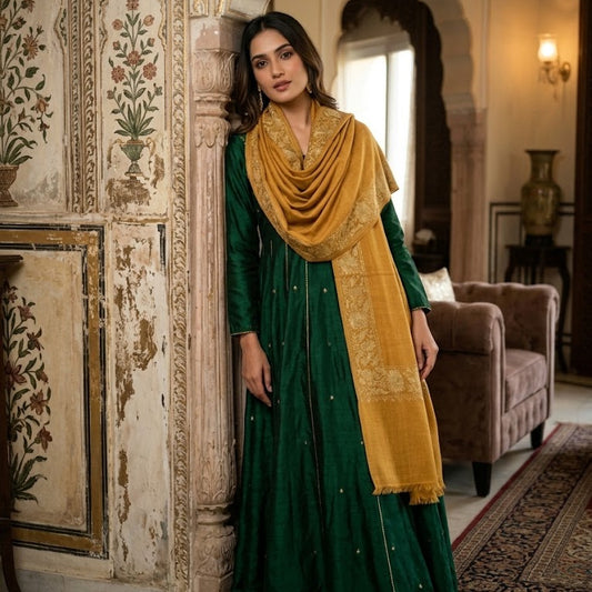 A woman models a traditional Indian outfit consisting of a dark green anarkali kurta with small gold embroidered details, paired with a mustard yellow dupatta featuring gold borders, set against an ornate, historic interior with arched doorways and carved walls.