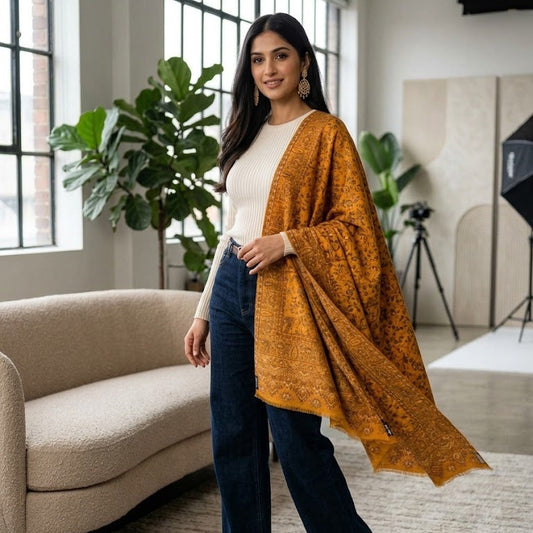 A woman models a mustard yellow and brown patterned shawl draped over her shoulders, styled with a white ribbed top, dark blue wide-leg jeans, and brown heeled boots in a bright, modern studio setting.