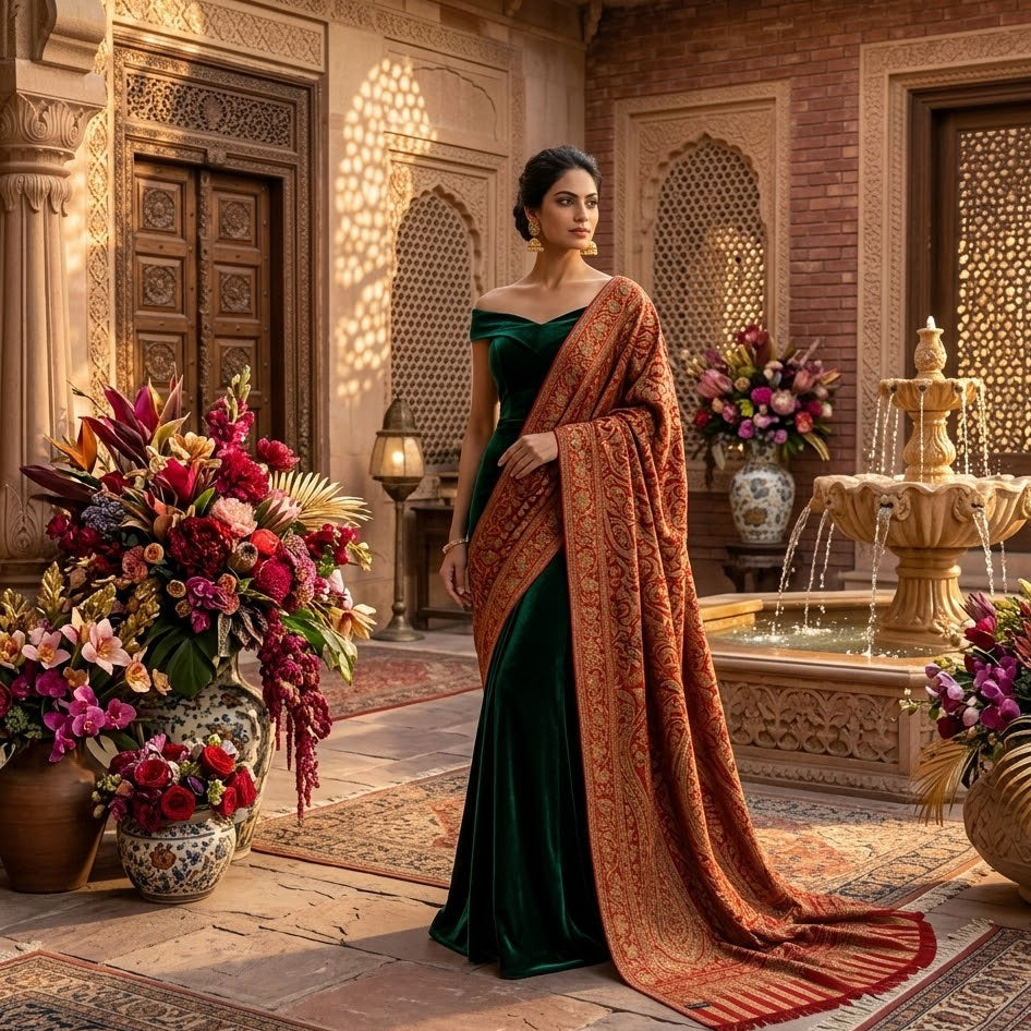 Woman in a green and orange traditional outfit standing in a decorative interior setting with flowers and a fountain.