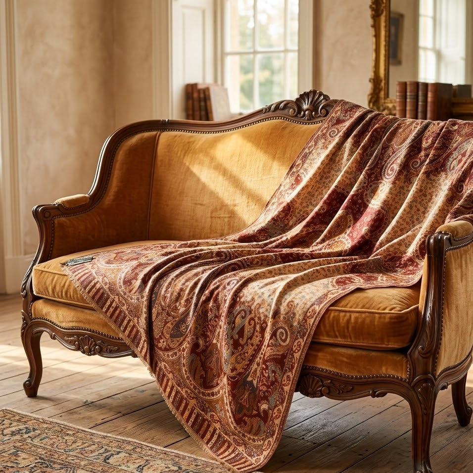 Vintage-style sofa with a patterned throw blanket in a room with large windows.