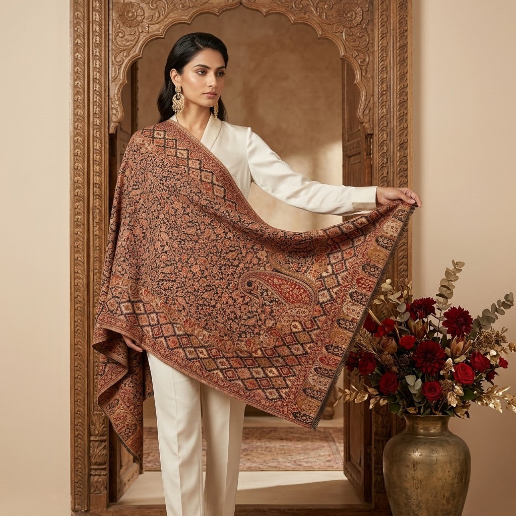 A woman models a large, patterned shawl draped over her shoulders, holding its corners to show its full design. She is wearing a white traditional outfit and standing in front of an ornate wooden archway, with a decorative vase of red flowers on the side.