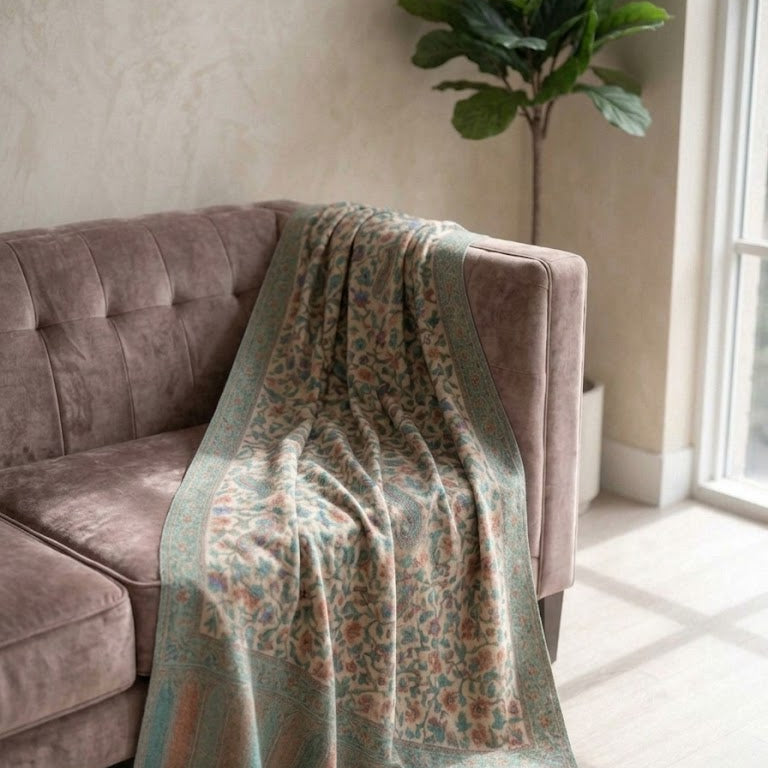 A patterned throw blanket draped over a dusty mauve velvet sofa in a sunlit living room, with a potted fiddle-leaf fig plant and a window in the background.