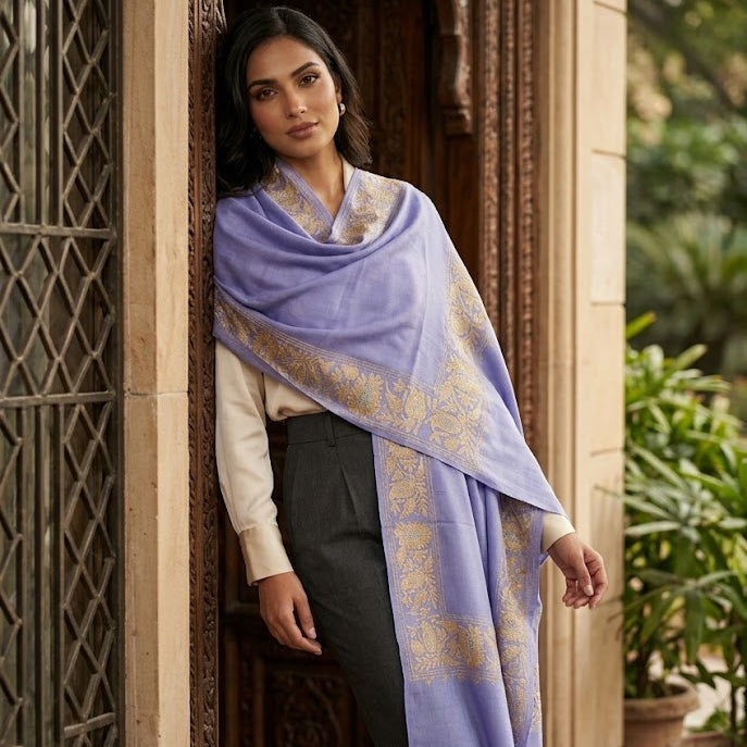 A woman wearing a lavender purple shawl with gold zari embroidery draped over her shoulders, paired with a cream long-sleeve top and dark gray trousers, standing in an ornate carved doorway.