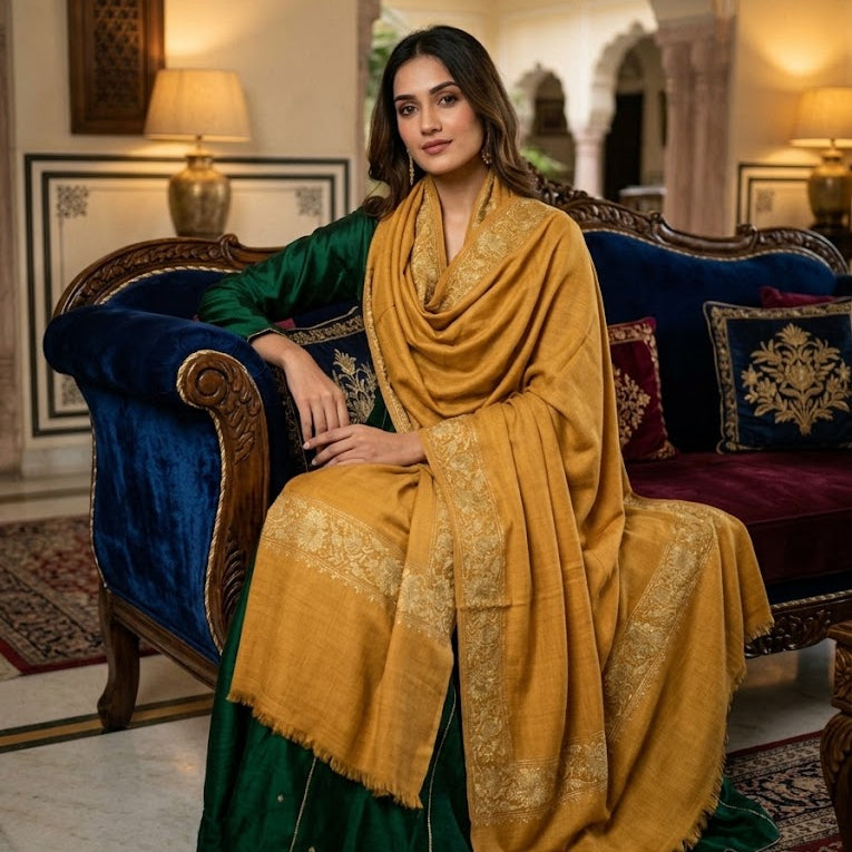 A woman seated on an ornate blue velvet sofa in a traditional indoor setting, wearing a deep green embroidered dress with a mustard yellow shawl draped over her.