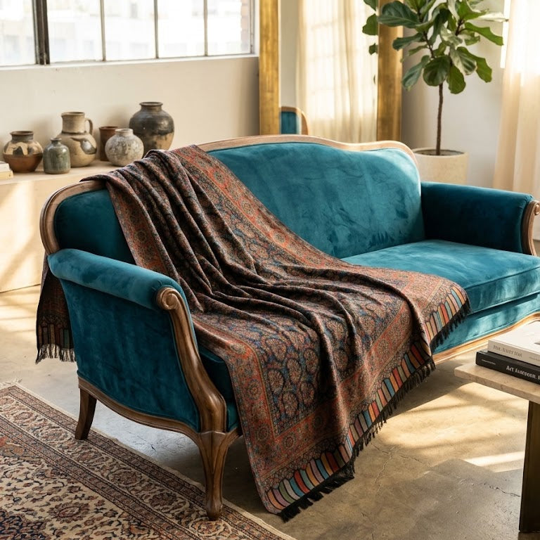 A teal velvet loveseat with carved wooden arms and legs, draped with a patterned brown and rust throw blanket, set in a sunlit room with a rug, mirror, and potted plant.