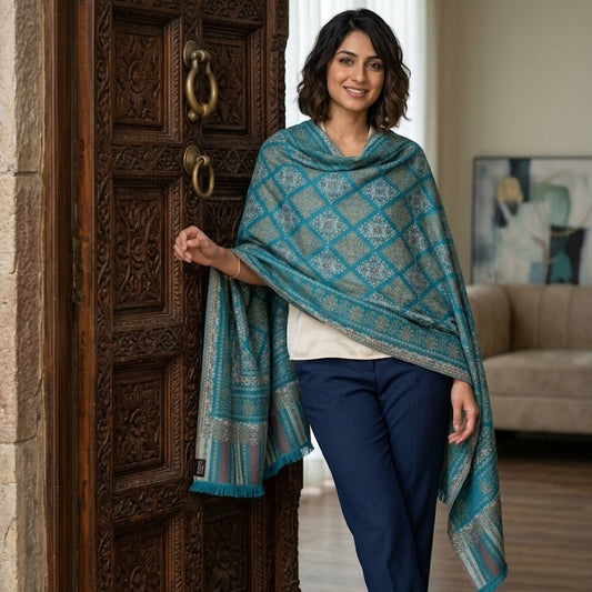 A woman stands in a doorway wearing a teal and blue patterned shawl draped over her shoulders, paired with a white top and navy pants, in an indoor setting with a carved wooden door and a sofa in the background.
