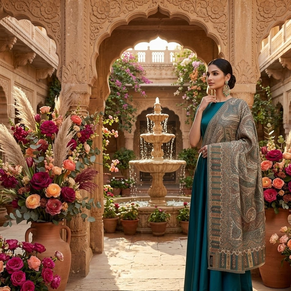 Woman in traditional attire standing in a decorative courtyard with flowers and a fountain.