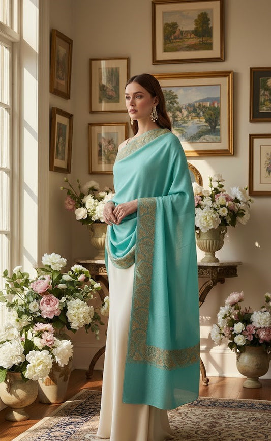 Women’s Wool Shawl - Pure Tilla Gold Embroidery Border - Blue