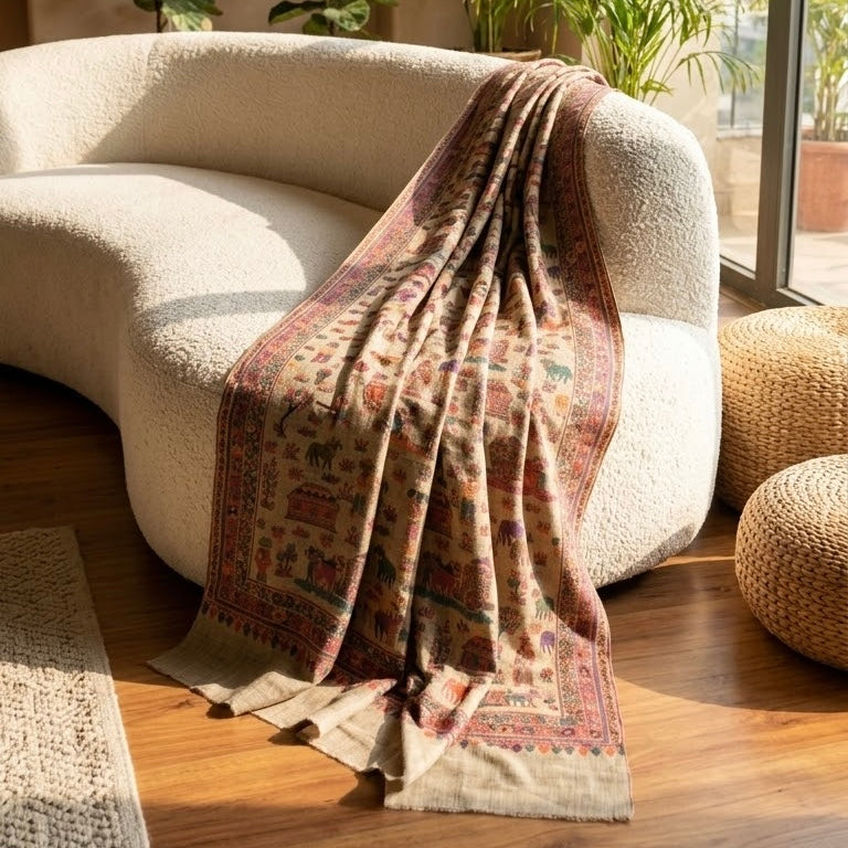 A beige wool shawl with a colorful traditional Indian-style print draped over a cream-colored curved sofa in a sunlit room.