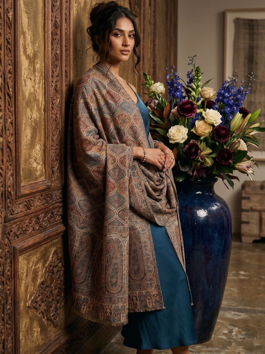 Woman in a patterned shawl standing next to a large vase with flowers in a room with wooden walls.