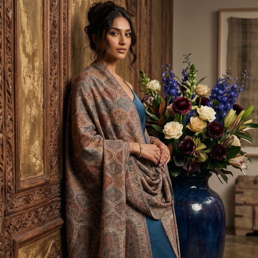 Woman in a patterned shawl standing next to a large vase with flowers in a room with wooden walls.