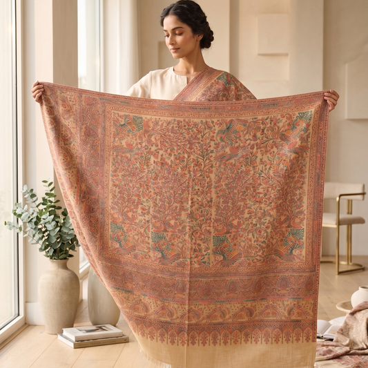 Woman holding a large, patterned scarf in a bright room with large windows.
