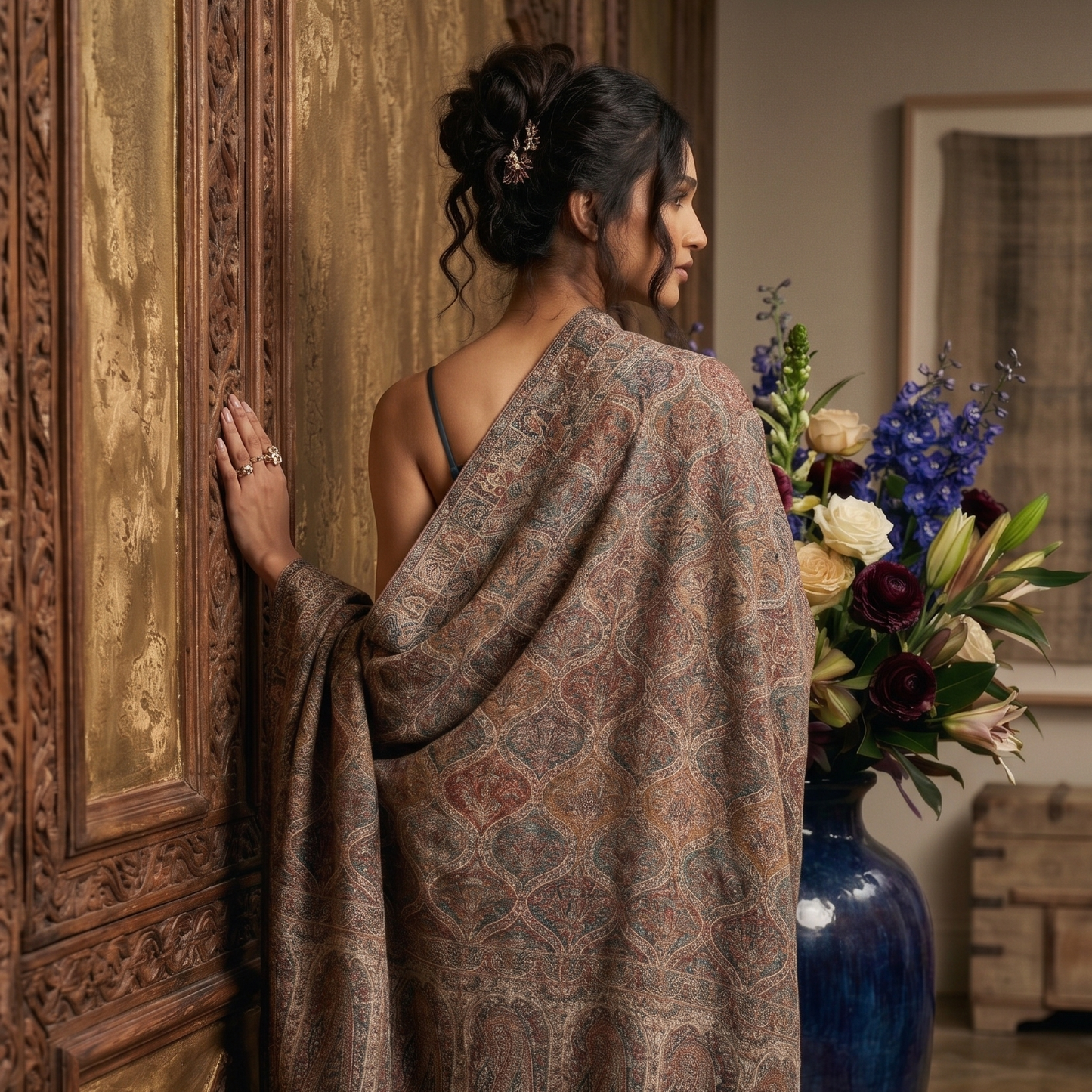 Woman draped in a patterned shawl standing next to a decorative vase with flowers.