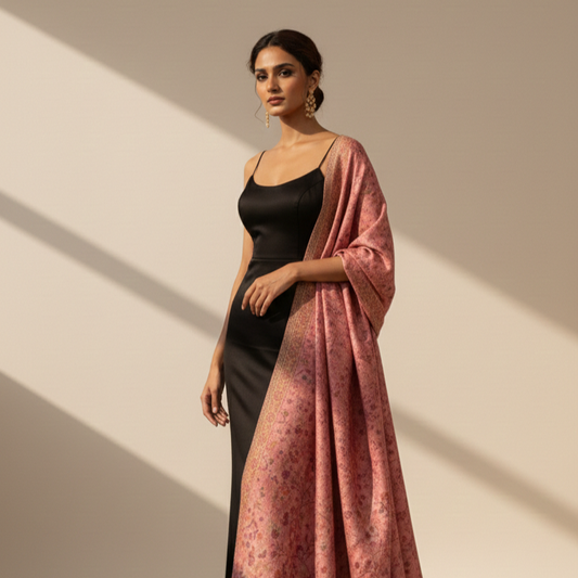 Woman wearing a black dress with a pink floral shawl on a beige background