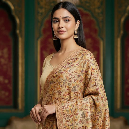 Woman wearing a floral dress with a patterned background