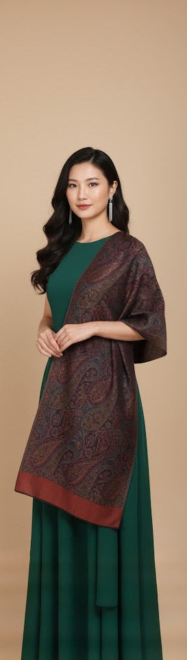 Woman wearing a green dress with a patterned maroon stole on a beige background